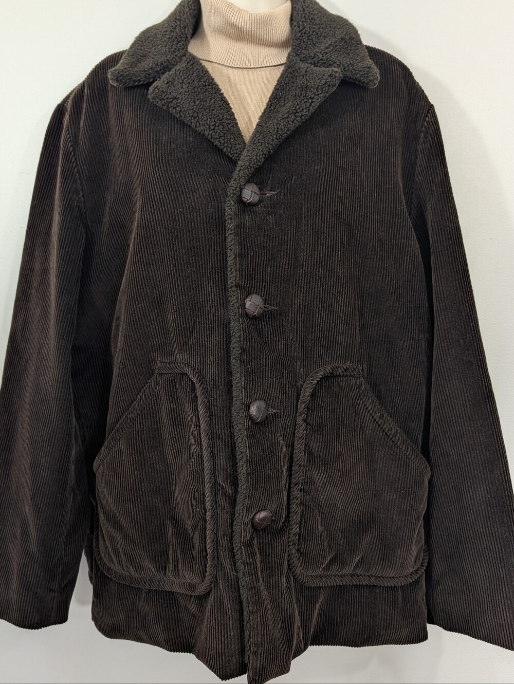 VTG Brown Corduroy Sherpa-Lined Chore Heavy Cotton Cozy Long Line Boho